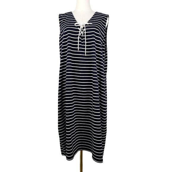 Lauren Ralph Lauren Navy White Dress Striped Sleeveless Lace-Up Nautical 3X - Picture 3 of 10